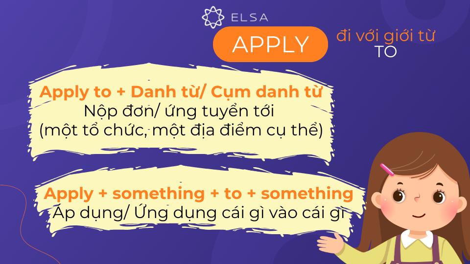 Apply to có thể mang nhiều ý nghĩa khác nhau tùy thuộc vào ngữ cảnh sử dụng Apply đi với giới từ to có 2 cấu trúc