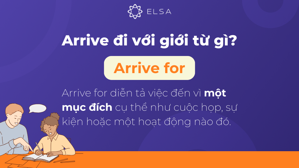 Arrive for diễn tả việc đến vì một mục đích cụ thể như cuộc họp Arrive for diễn tả việc đến vì một mục đích cụ thể như cuộc họp