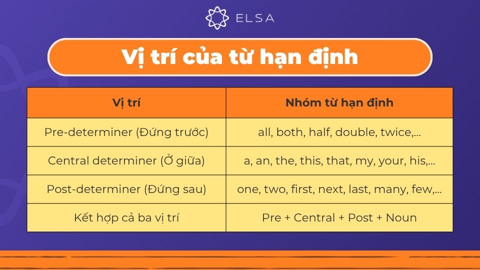 Vị trí của từ hạn định Vị trí của từ hạn định