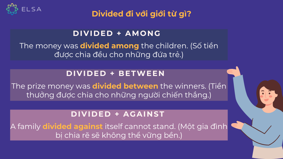 Ví dụ cụ thể khi Divided đi với giới từ among, between, against Ví dụ cụ thể khi Divided đi với giới từ among, between, against