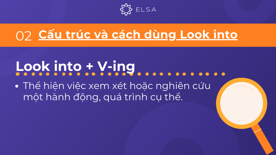 Cấu trúc Look into +Ving thể hiện việc xem xét hoặc nghiên cứu một hành động Cấu trúc Look into +Ving thể hiện việc xem xét hoặc nghiên cứu một hành động