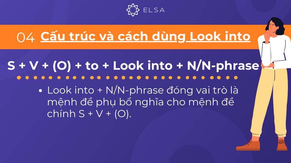 Cấu trúcS + V + (O) + to + Look into + N/N-phrase đóng vai trò là mệnh đề phụ Cấu trúc S + V + (O) + to + Look into + N/N-phrase đóng vai trò là mệnh đề phụ