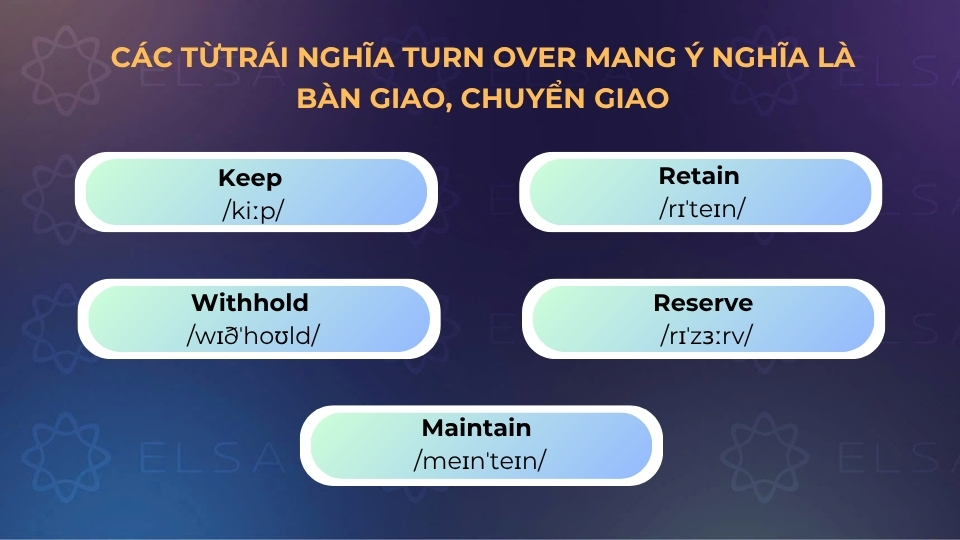 Các từ trái nghĩa khi turn over mang ý nghĩa là bàn giao, chuyển giao