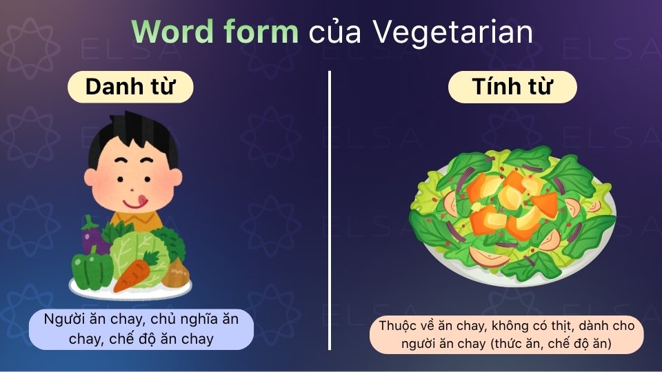 Vegetarian vừa là danh từ (người ăn chay), vừa là tính từ (thuộc về ăn chay)