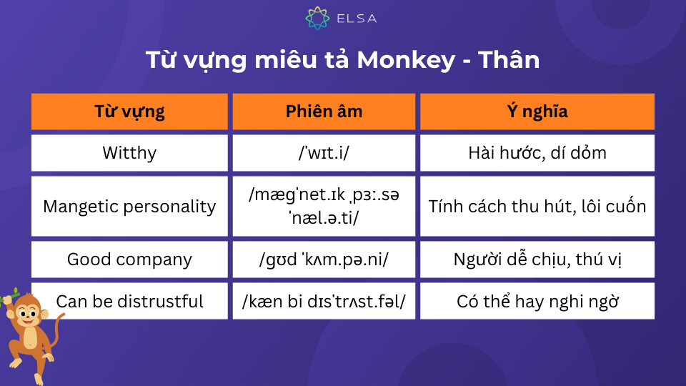 Một số từ vựng miêu tả Monkey - Thân trong tiếng Anh Một số từ vựng miêu tả Monkey - Thân trong tiếng Anh
