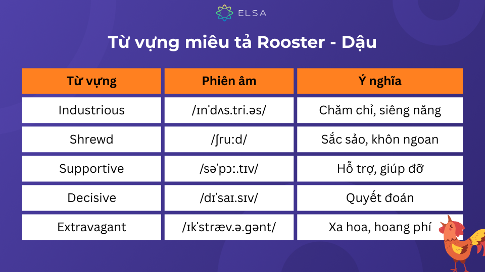 Một số từ vựng miêu tả Rooster - Dậu trong tiếng Anh Một số từ vựng miêu tả Rooster - Dậu trong tiếng Anh