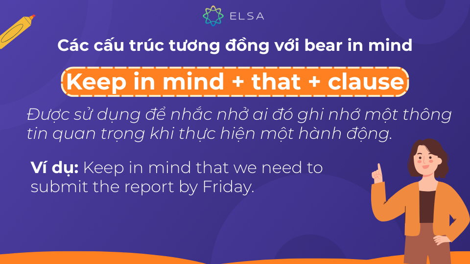 Cấu trúc Keep in mind + that + clause dùng để nhắc nhở ai đó ghi nhớ thông tin quan trọng