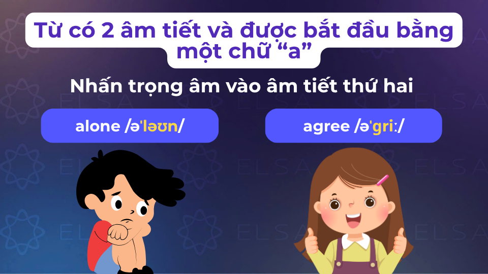 Đánh trọng âm từ có 2 âm tiết và được bắt đầu bằng một chữ “a”