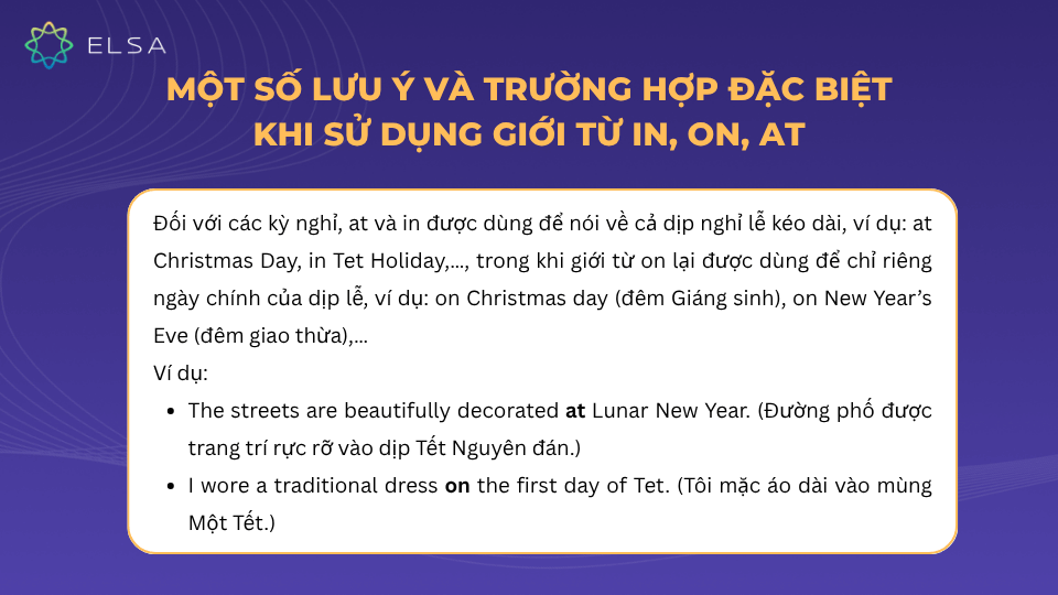 Một số lưu ý khi sử dụng giới từ in, on, at