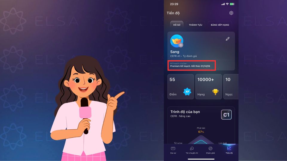 Ví dụ thời hạn sử dụng ELSA Premium sẽ kết thúc vào 14/01/2026