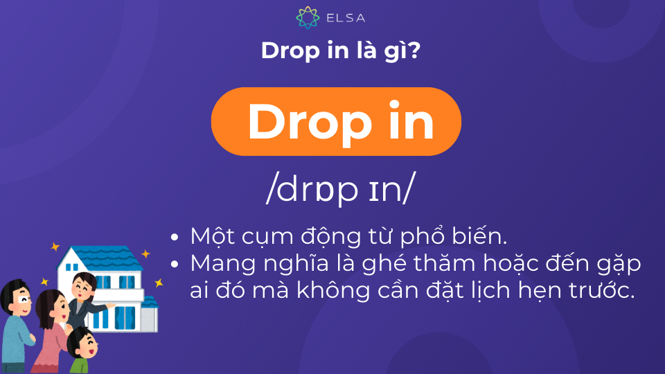 Drop in /drɒp ɪn/ là một cụm động từ phổ biến, mang nghĩa là ghé thăm Drop in /drɒp ɪn/ là một cụm động từ phổ biến, mang nghĩa là ghé thăm