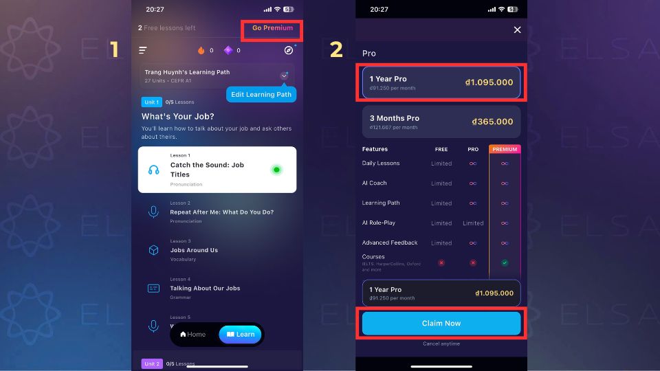 Hướng dẫn đăng ký gói ELSA Pro bước 1, 2 Hướng dẫn đăng ký gói ELSA Pro bước 1, 2