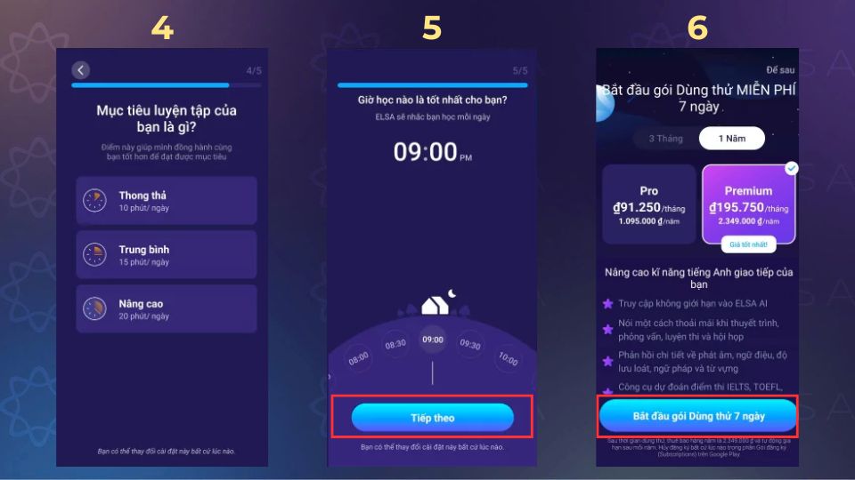 Hướng dẫn đăng ký dùng thử miễn phí tài khoản ELSA có phí 7 ngày bước 4-6 Hướng dẫn đăng ký dùng thử miễn phí tài khoản ELSA có phí 7 ngày bước 4-6