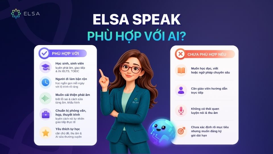 ELSA Speak se phù hợp với học sinh/sinh viên hoặc người đi làm bận rộn, cần tiết kiệm thời gian ELSA Speak se phù hợp với học sinh/sinh viên hoặc người đi làm bận rộn, cần tiết kiệm thời gian