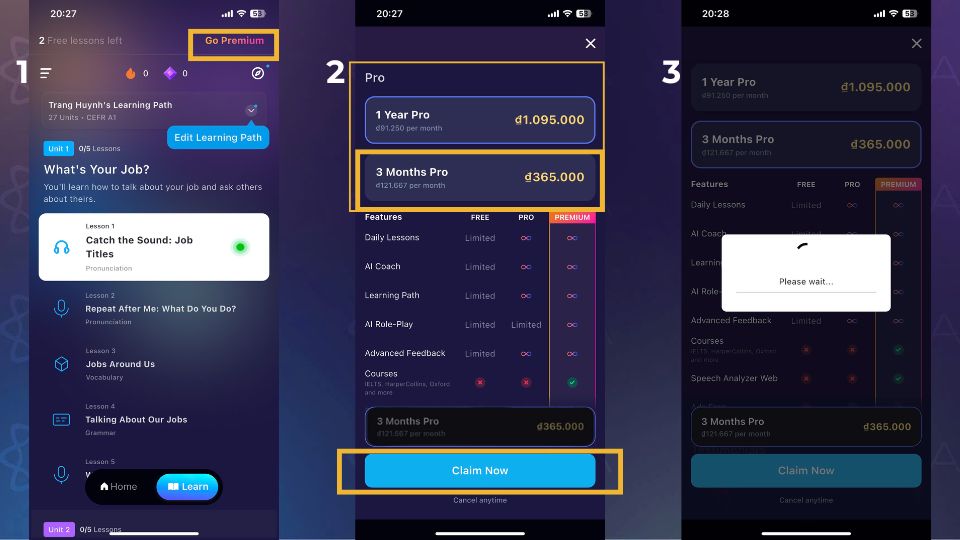 Hướng dẫn mua ELSA Pro trên app bước 1-3