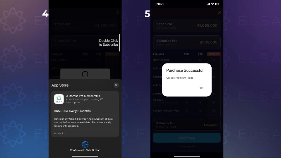 Hướng dẫn mua ELSA Pro trên app bước 4,5
