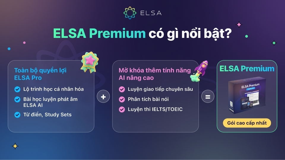 ELSA Premium là gói cao cấp của ELSA Speak có toàn bộ quyền lợi của ELSA Pro và các tính năng nâng cao khác ELSA Premium là gói cao cấp của ELSA Speak có toàn bộ quyền lợi của ELSA Pro và các tính năng nâng cao khác