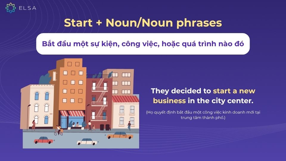 Start + Noun/Noun phrases: dùng để nói về việc bắt đầu một sự kiện, công việc, hoặc quá trình nào đó.