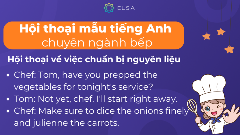 Hội thoại mẫu trong môi trường bếp chuyên nghiệp về việc chuẩn bị nguyên liệu Hội thoại mẫu trong môi trường bếp chuyên nghiệp về việc chuẩn bị nguyên liệu