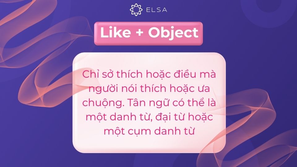 Cấu trúc Like + Tân ngữ dùng để chỉ sở thích của người nói Cấu trúc Like + Tân ngữ dùng để chỉ sở thích của người nói