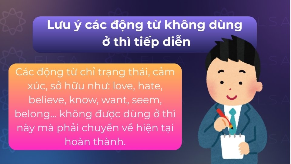 Động từ trạng thái không dùng dạng tiếp diễn mà dùng ở thì hiện tại hoàn thành