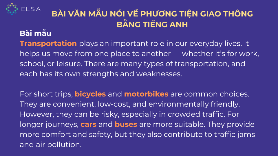 Bài văn mẫu nói về phương tiện giao thông bằng tiếng Anh Bài văn mẫu nói về phương tiện giao thông bằng tiếng Anh