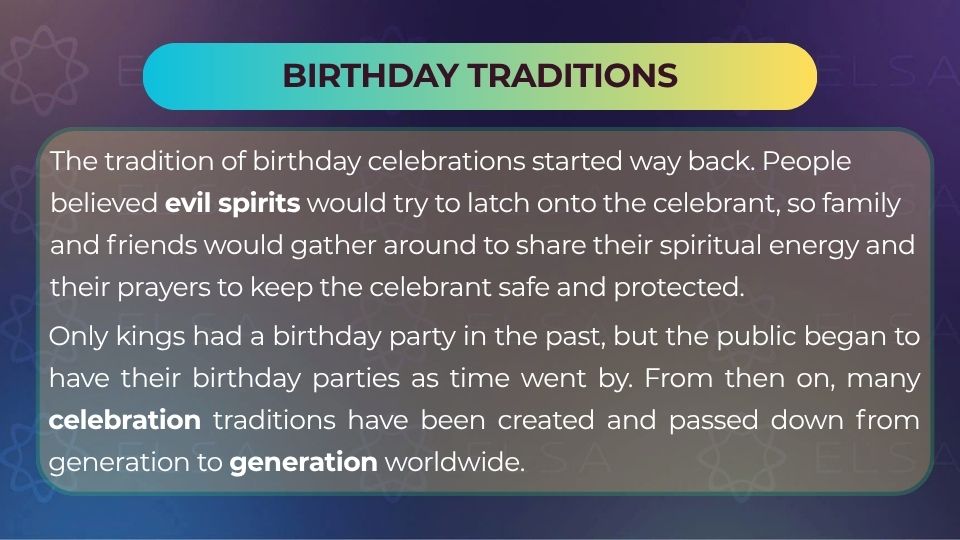 Bài luyện đọc tiếng Anh theo chủ đề Birthday Traditions | ELSA Speak