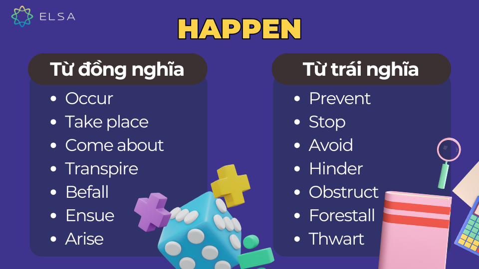 Các từ đồng nghĩa và trái nghĩa với Happen Các từ đồng nghĩa và trái nghĩa với Happen