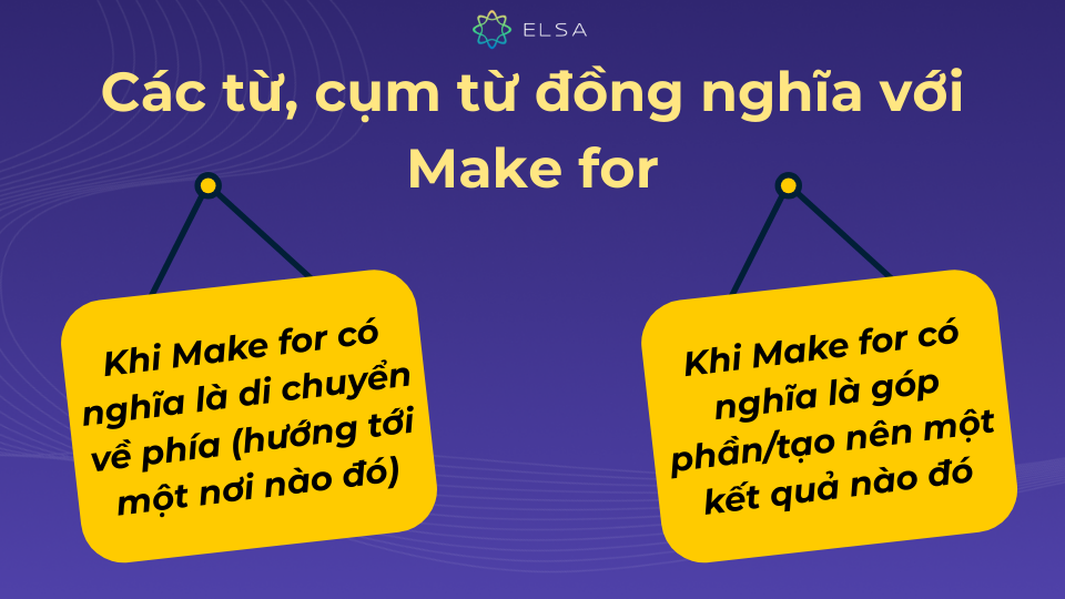 Make for có nhiều từ đồng nghĩa nhưng chỉ xoay quanh 2 ý nghĩa phổ biến nhất Make for có nhiều từ đồng nghĩa nhưng chỉ xoay quanh 2 ý nghĩa phổ biến nhất