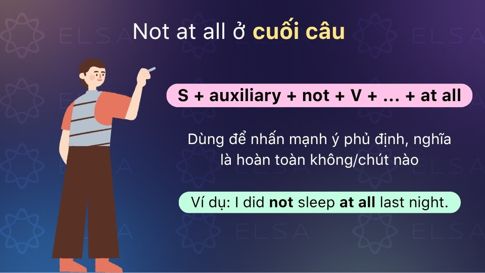 Not at all nằm ở cuối câu nhấn mạnh hành động được nhắc đến hoàn toàn không diễn ra
