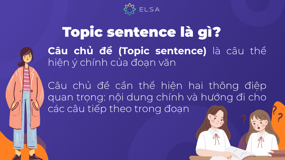 Câu chủ đề (Topic sentence) là câu đứng ở đầu mỗi đoạn văn và đóng vai trò truyền tải ý chính