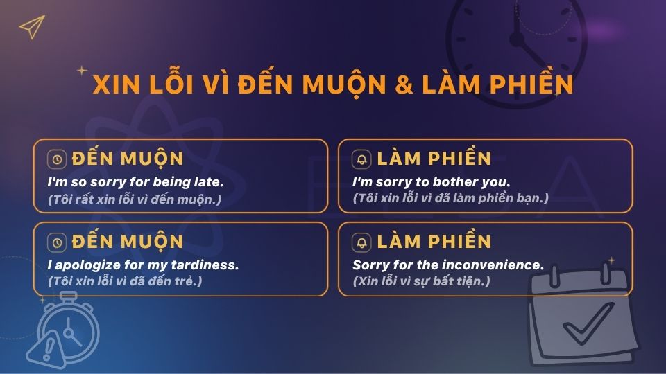Câu xin lỗi tiếng Anh phổ biến trong tình huống đến muộn và làm phiền Câu xin lỗi tiếng Anh phổ biến trong tình huống đến muộn và làm phiền