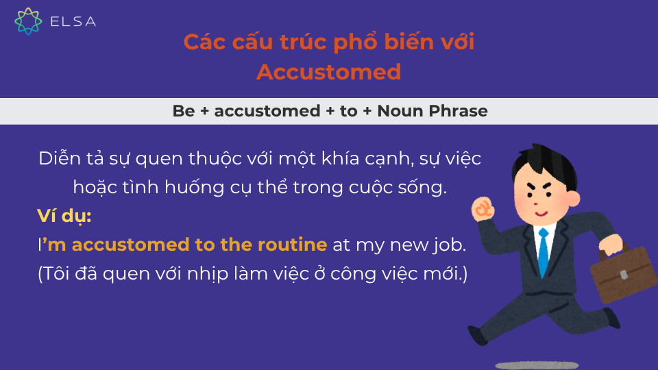 Be + accustomed + to + Noun Phrase là cấu trúc phổ biến với accustomed Be + accustomed + to + Noun Phrase là cấu trúc phổ biến với accustomed