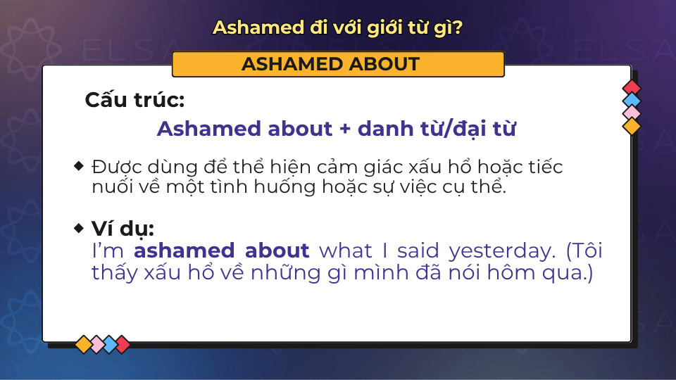 Cách dùng và ví dụ cụ thể của cấu trúc Ashamed about