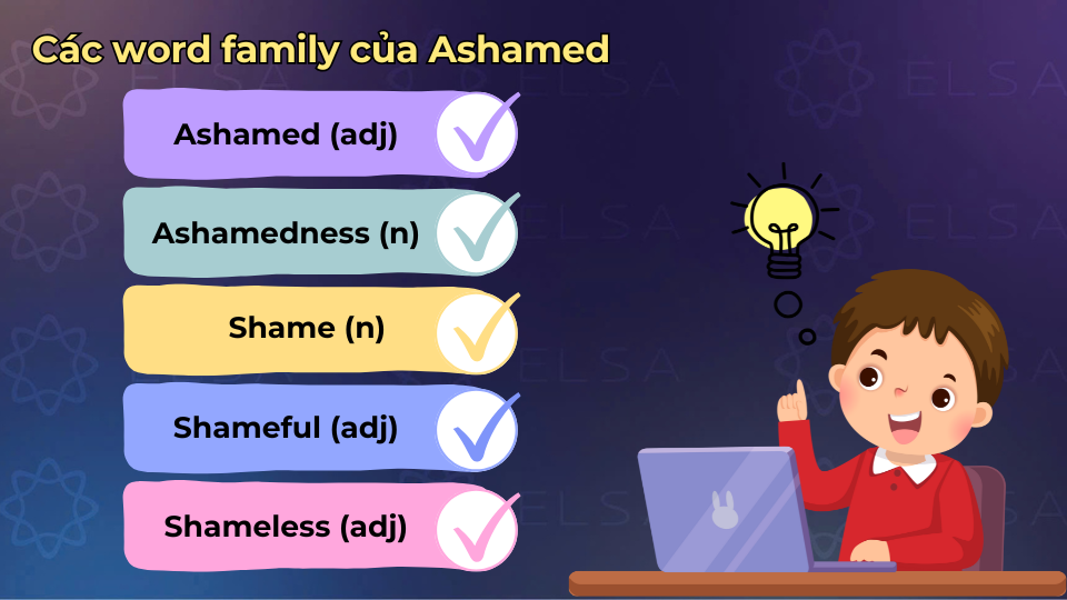 Một số word family của ashamed