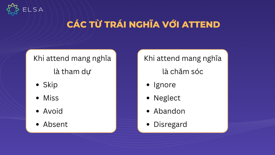 Một số từ trái nghĩa với attend