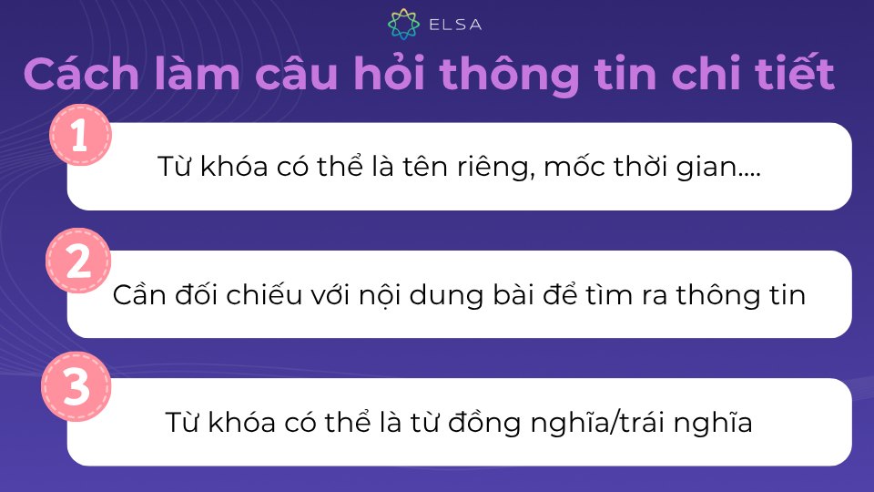 Đối với những câu hỏi về thông tin chi tiết, từ khóa thường là từ đã được pharaphase