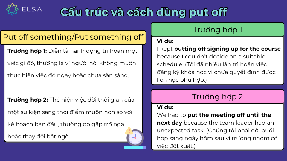 Cấu trúc put off something / put something off và cách dùng Cấu trúc put off something / put something off và cách dùng