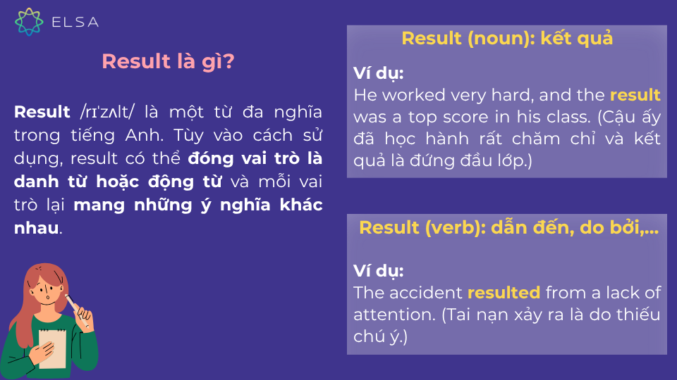 Tùy vào từng ngữ cảnh mà result sẽ có những ý nghĩa khác nhau Tùy vào từng ngữ cảnh mà result sẽ có những ý nghĩa khác nhau