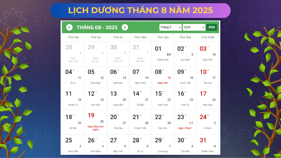 Lịch dương tháng 8 năm 2025