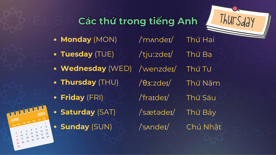 Tổng hợp các thứ trong tiếng Anh Tổng hợp các thứ trong tiếng Anh