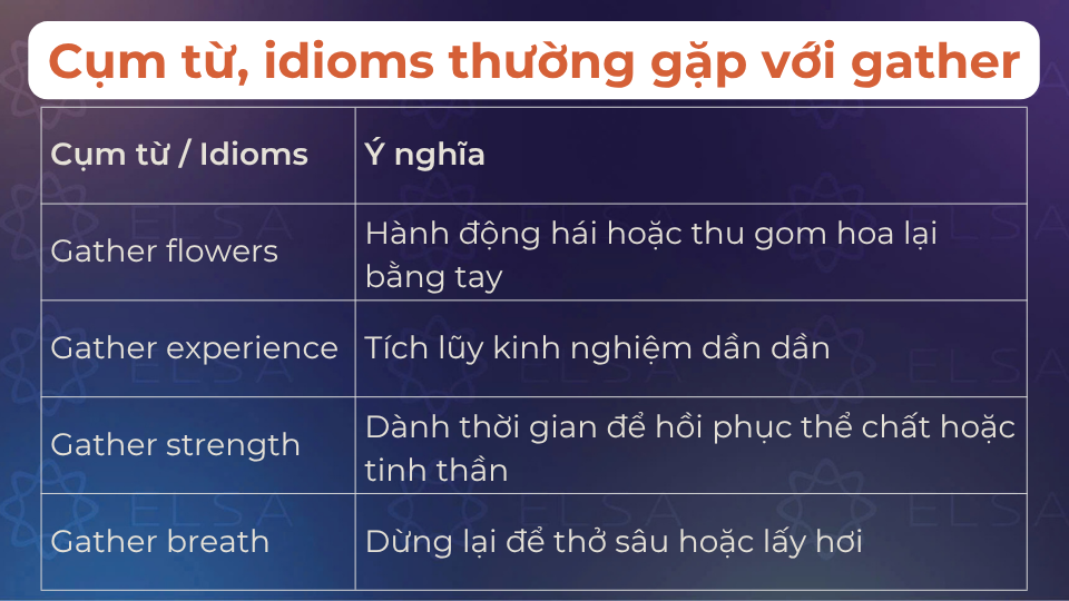 Gather được dùng trong nhiều cụm từ/idioms