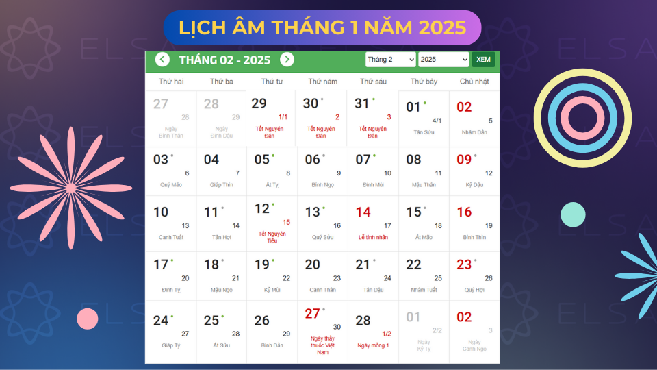 Lịch âm tháng 1 năm 2025