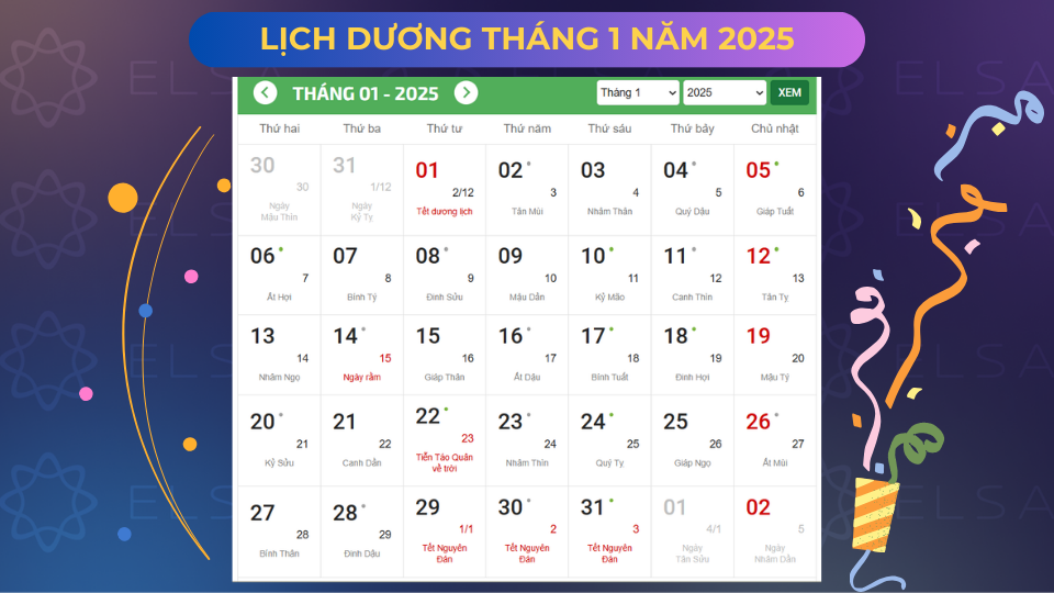 Lịch dương tháng 1 năm 2025