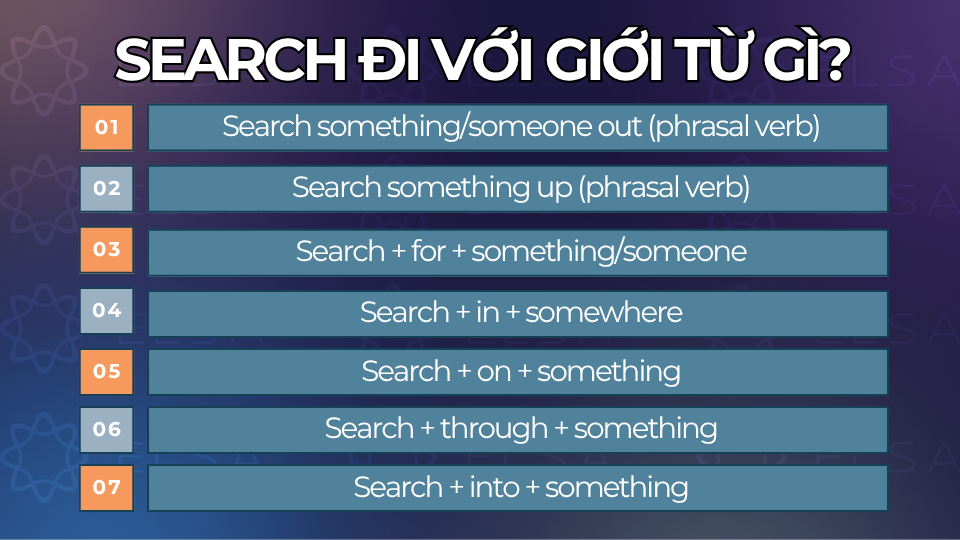 Search đi với giới từ gì? Search đi với giới từ out, up tạo thành các phrasel verb