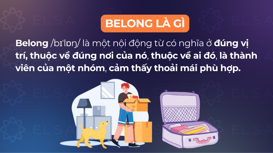 Belong có nghĩa phổ biến là ở đúng vị trí, thuộc về đúng nơi của nó Belong có nghĩa phổ biến là ở đúng vị trí, thuộc về đúng nơi của nó