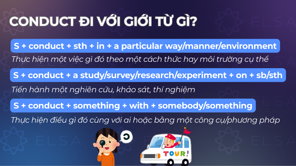 Conduct đi với giới từ in, on và with Conduct đi với giới từ in, on và with