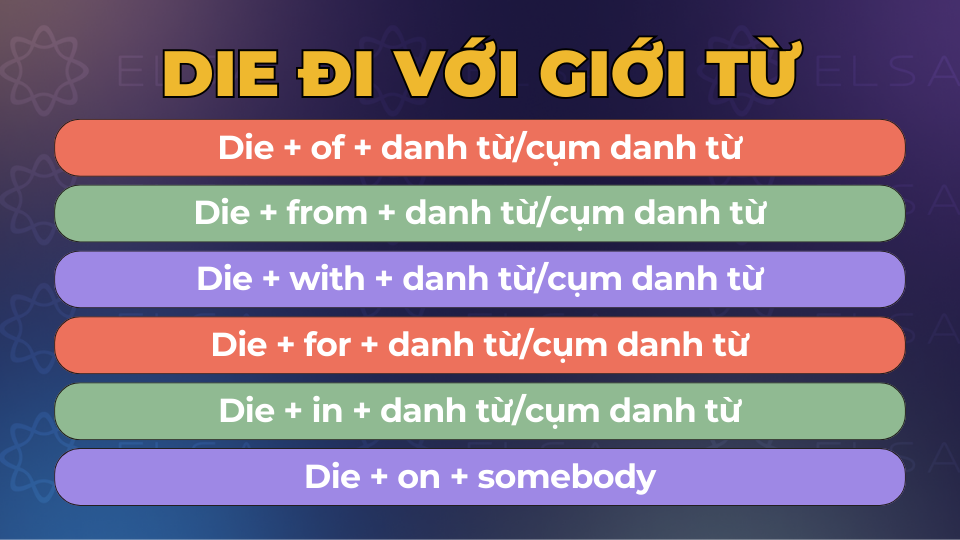 Die đi với giới từ Die đi với giới từ of, from, with, for, in và on