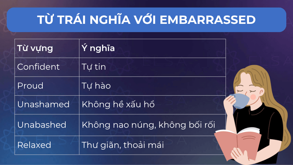 Một số từ trái nghĩa với embarrassed
