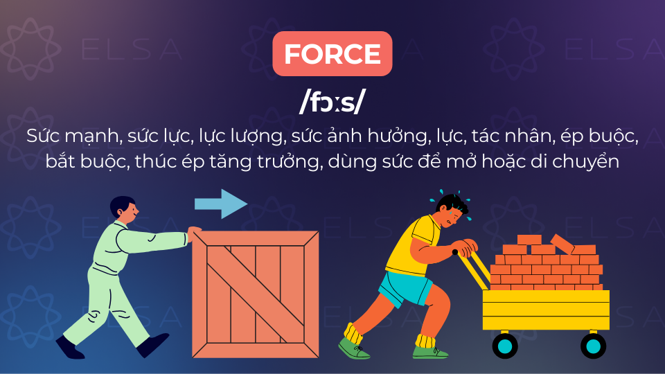 Force mang nghĩa thúc đẩy, bắt buộc, dùng sức để di chuyển,... Force mang nghĩa thúc đẩy, bắt buộc, dùng sức để di chuyển,...